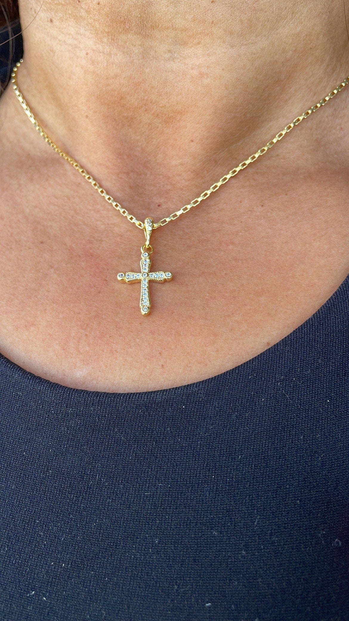 18k Gold Filled Dainty 3 Style CZ Cross, Beveled Stones, Pear Cut Stones & cz Pave Style Cross