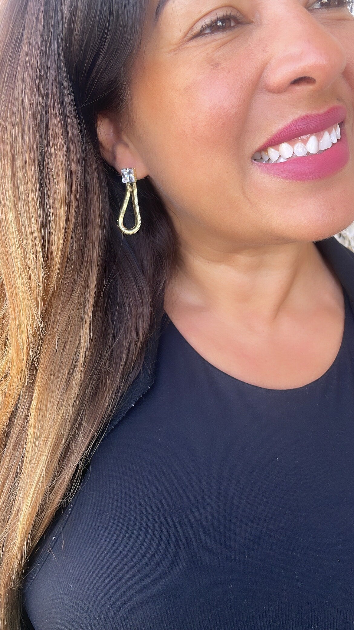 18k Gold Filled 8.5mm Cubic Zirconia Square Stud Earrings With Dangling Smooth Snake Link, Princess Cut Square Studs,