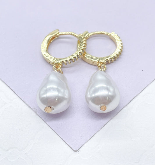 18k Gold Filled Dangling Baroque Pearl With Pave Hoop Earring