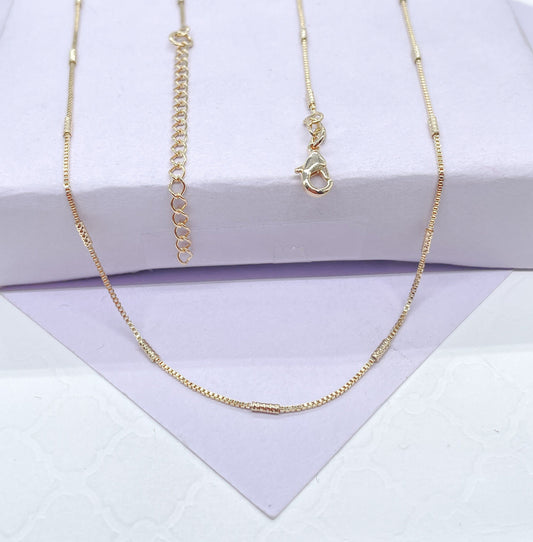 18k Gold Filled Box Chain Necklace: Dainty Interspaced Bar, 16 Inch