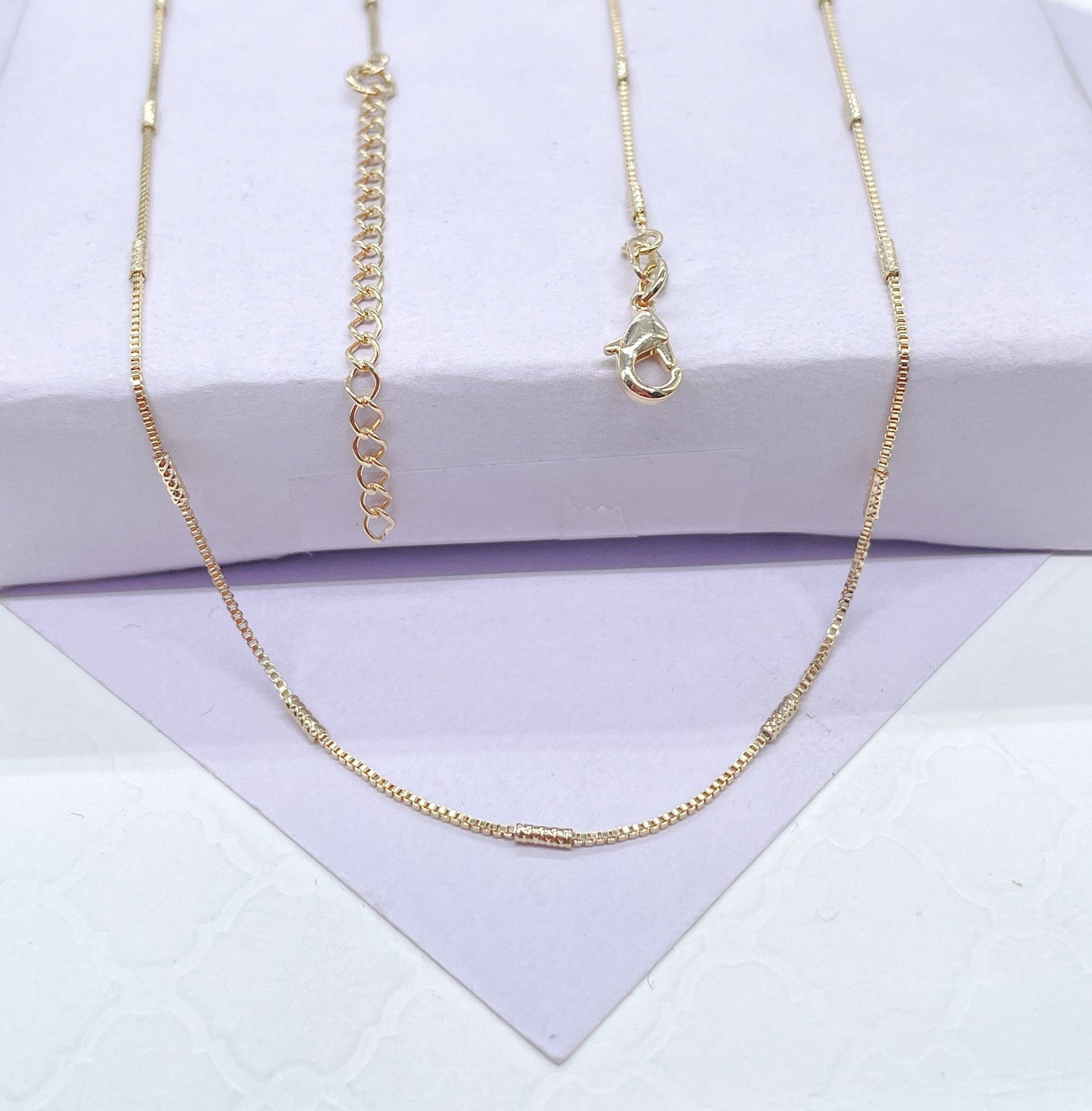 18k Gold Filled Box Chain Necklace: Dainty Interspaced Bar, 16 Inch