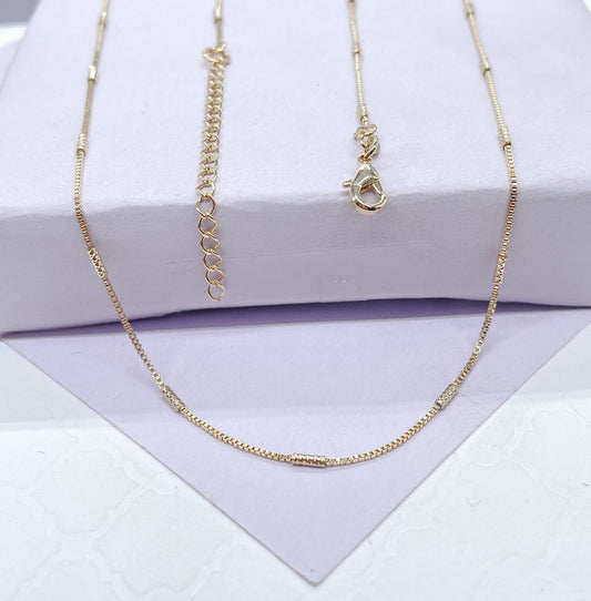 18k Gold Filled Box Chain Necklace: Dainty Interspaced Bar, 16 Inch