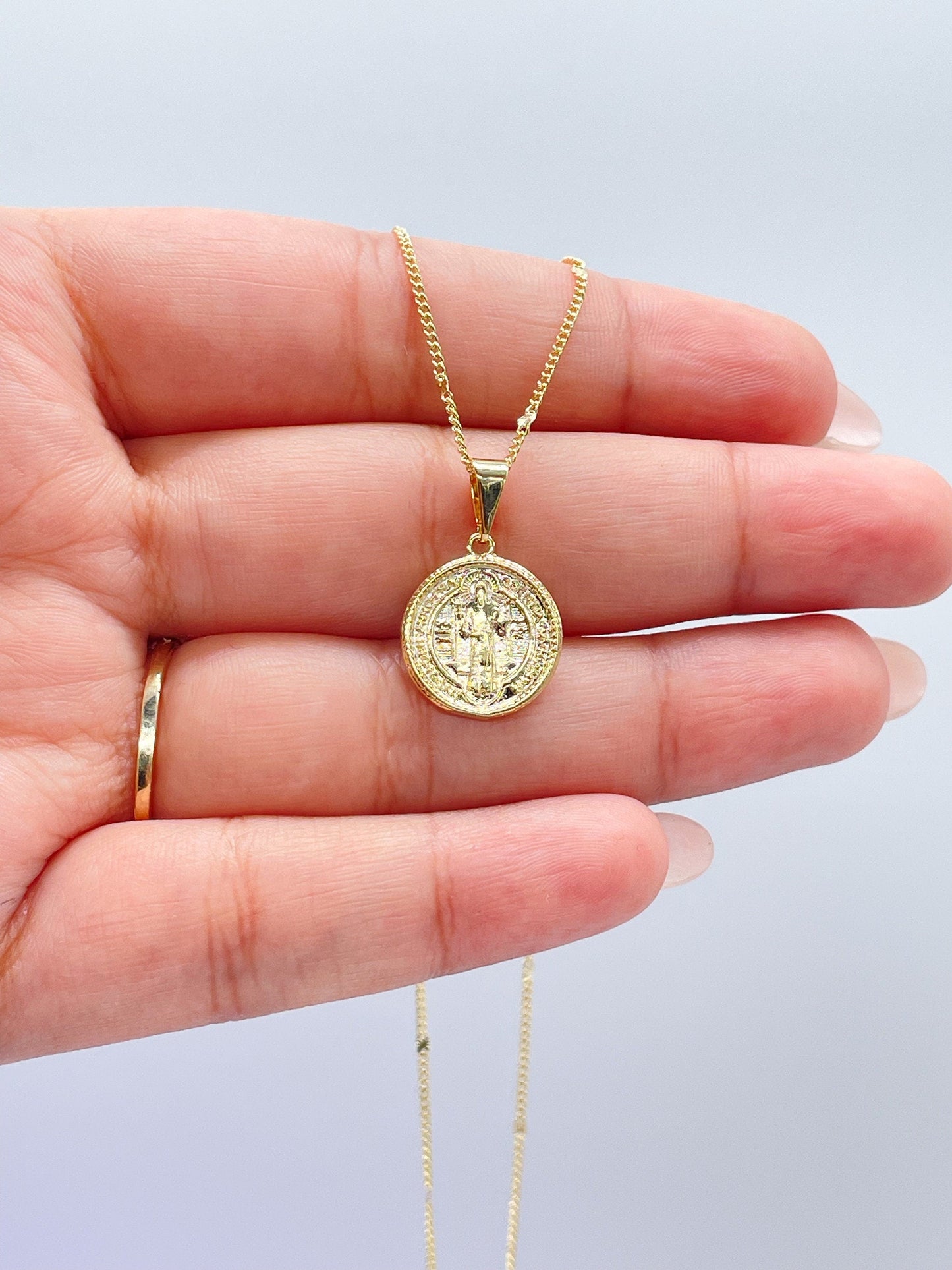 18k Gold Filled St Benedict Pendant: Engraved Catholic Charm