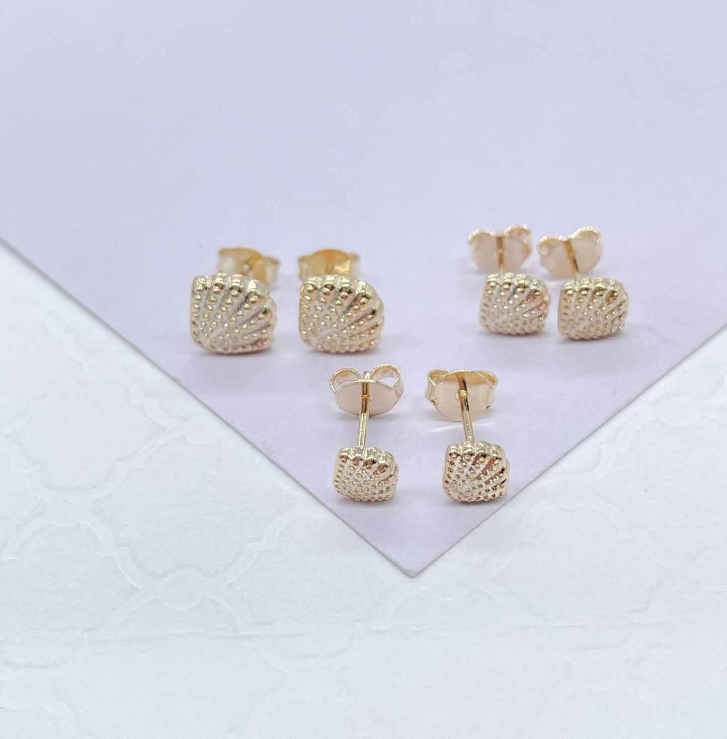 18k Gold Filled Set of 3 Sea Shell Textured Stud Earrings, Beach Jewlery, Dainty Studs, Conch Jewlery, Sea Shell Jewlery