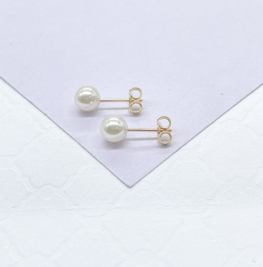 18k Gold Filled Simulated Pearl Stud Earrings: Dainty 6mm Studs