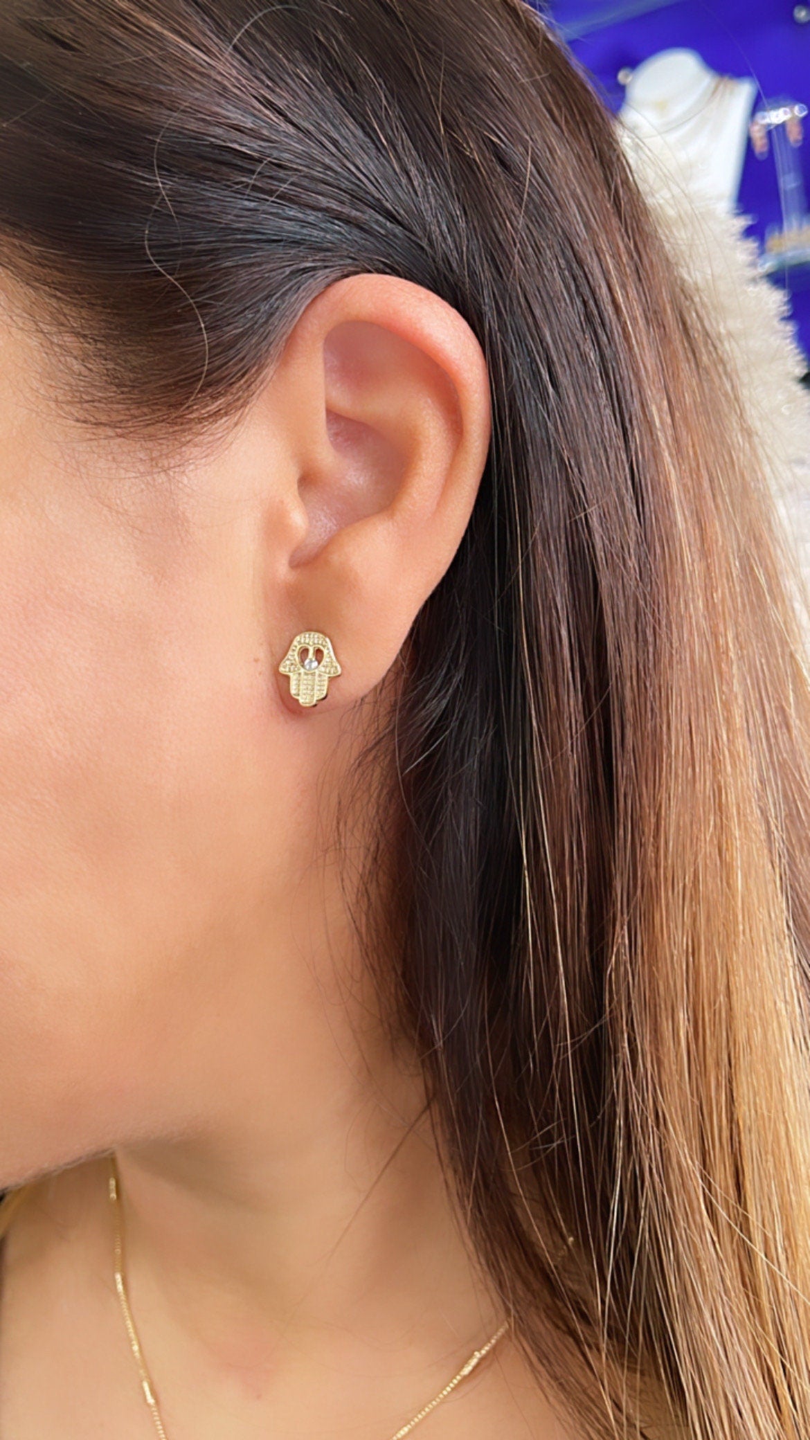 18k Gold Filled Hamsa Hand Stud Earrings: CZ Heart Center