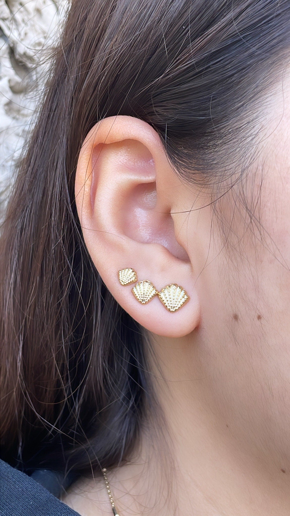 18k Gold Filled Set of 3 Sea Shell Textured Stud Earrings, Beach Jewlery, Dainty Studs, Conch Jewlery, Sea Shell Jewlery