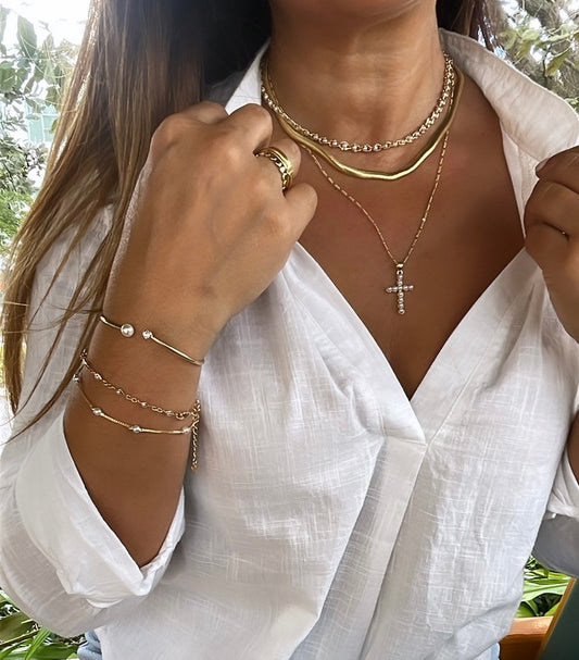 18k Gold Filled Beaded Faux Pearl Cross, Available In 2 Sizes