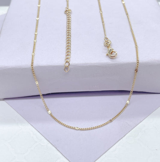 18k Gold Filled 16 Inch, 1mm Flat Sunburst-Stamped Sequin Satellite Curb Chain Necklace For Wholesale, Dainty Jewlery, Layering Necklace,