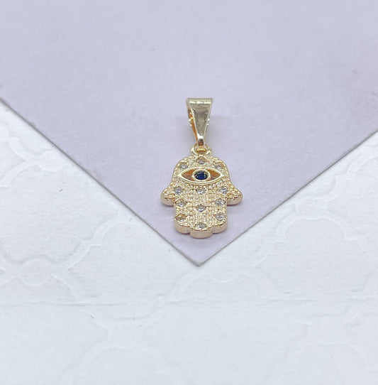 18k Gold Filled Mini Hamsa Pendant: Royal Blue Evil Eye, CZ Stones