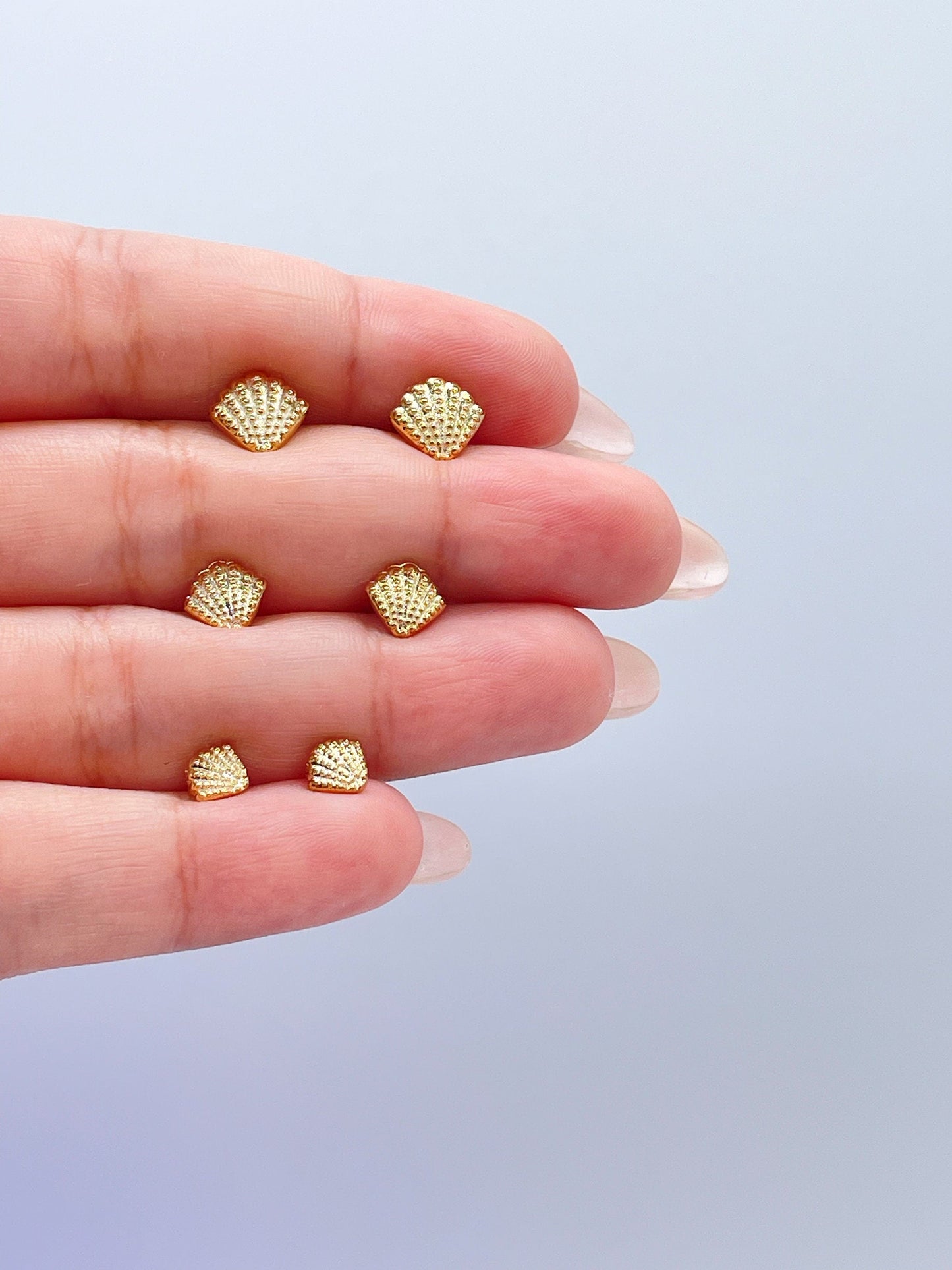 18k Gold Filled Set of 3 Sea Shell Textured Stud Earrings, Beach Jewlery, Dainty Studs, Conch Jewlery, Sea Shell Jewlery