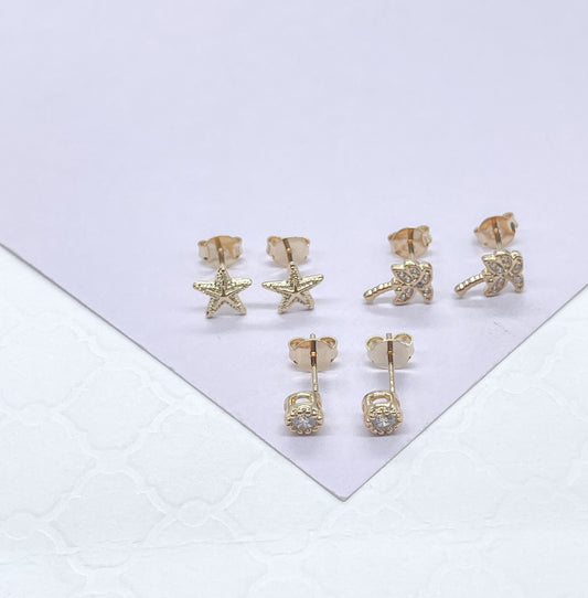 18k Gold Filled Stud Earrings Set: Beach Starfish, Palm, Stone