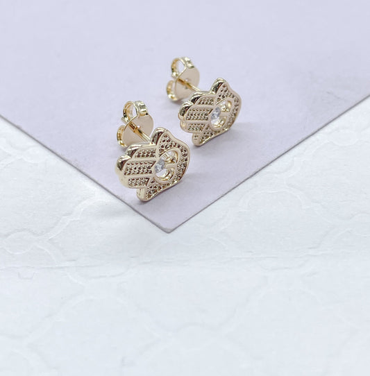 18k Gold Filled Hamsa Hand Stud Earrings: CZ Heart Center