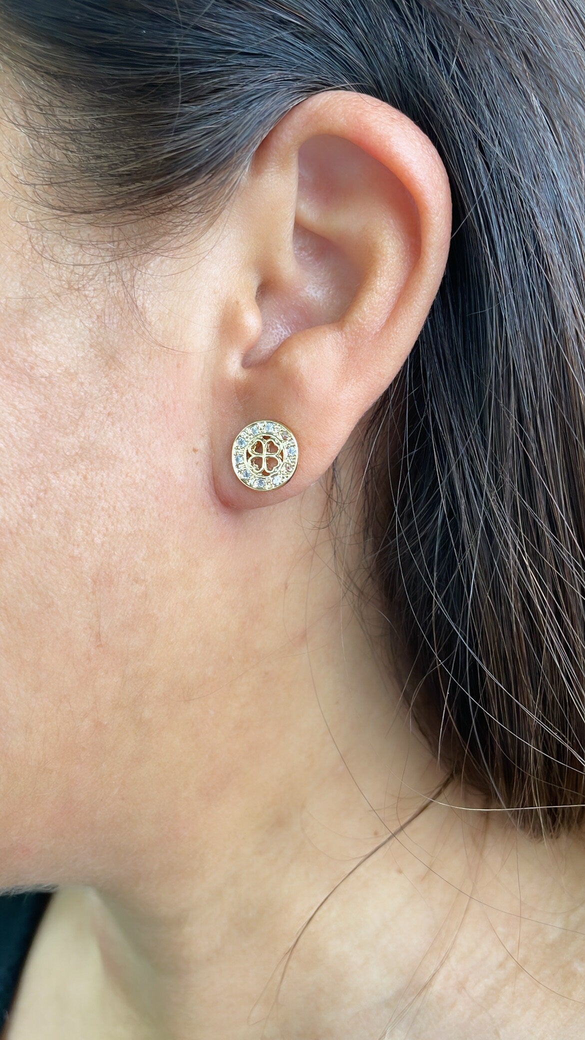 18k Gold Filled Round Dainty Crowned Pave Four Leaf Clover Stud Earring