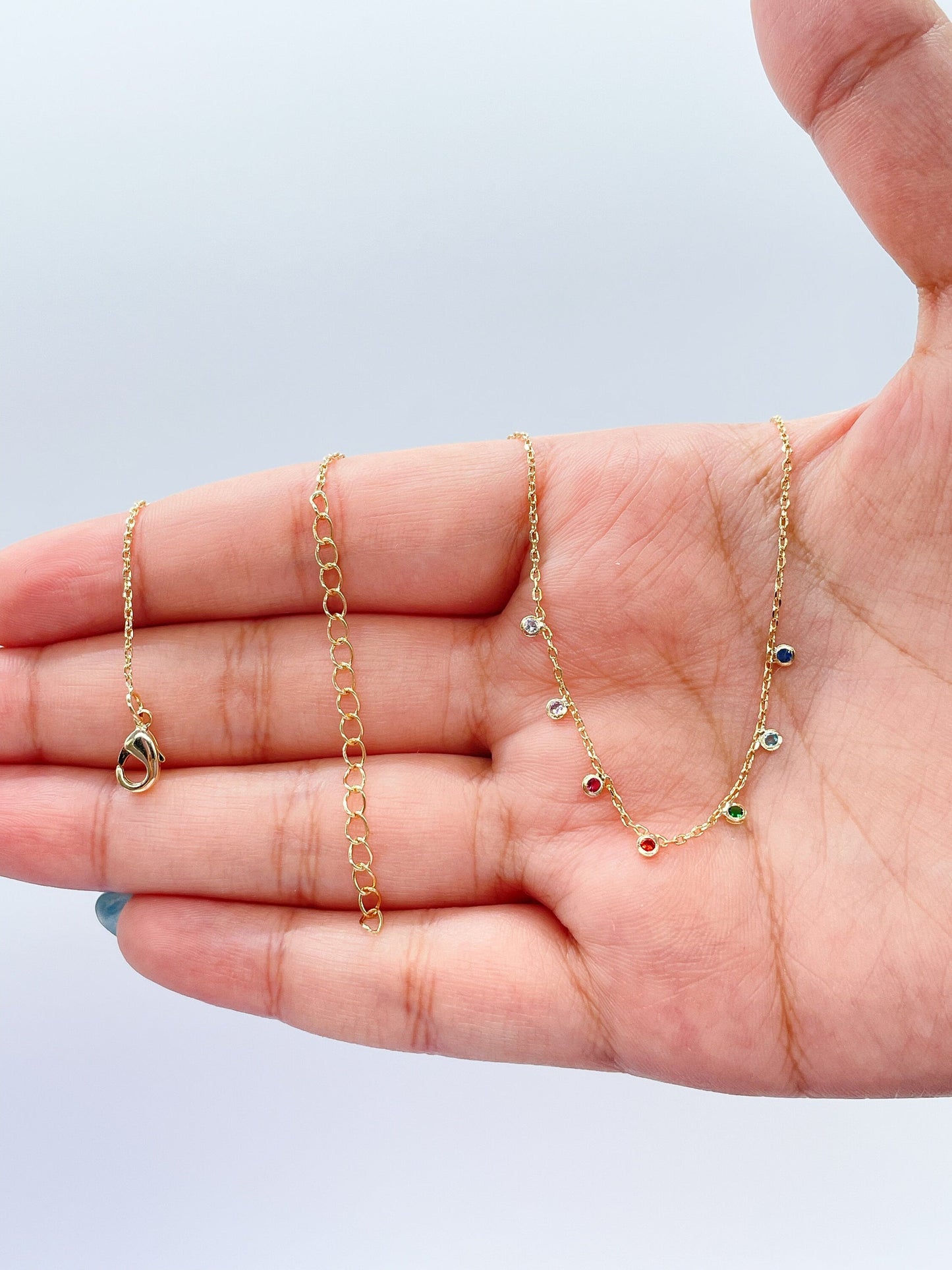 18k Gold Filled Dainty Cable Link Choker With Soldered Colorful Stone Charms Choker