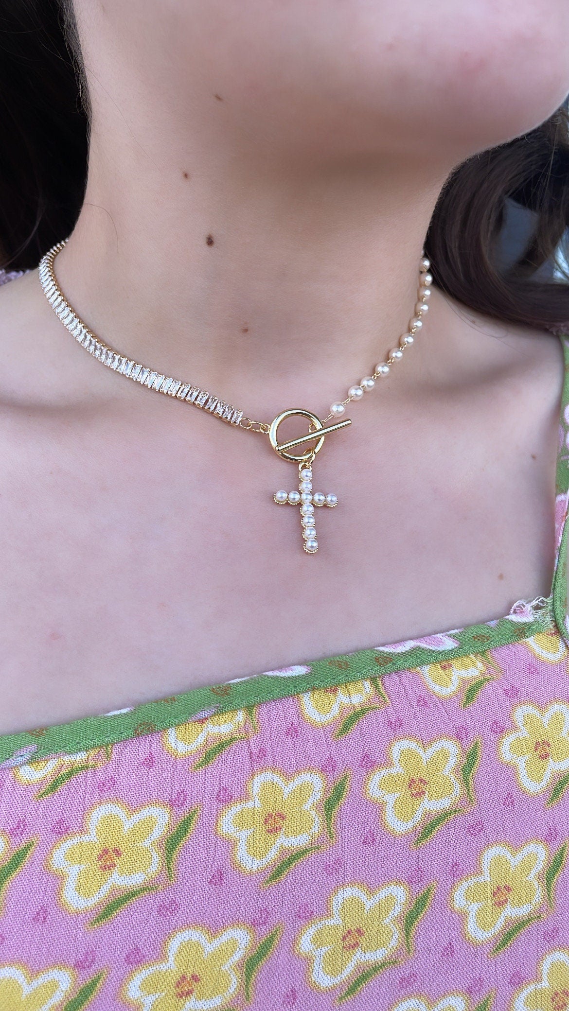 18k Gold Filled Half Baguette Tennis & Half Pearl Necklace Chain Choker