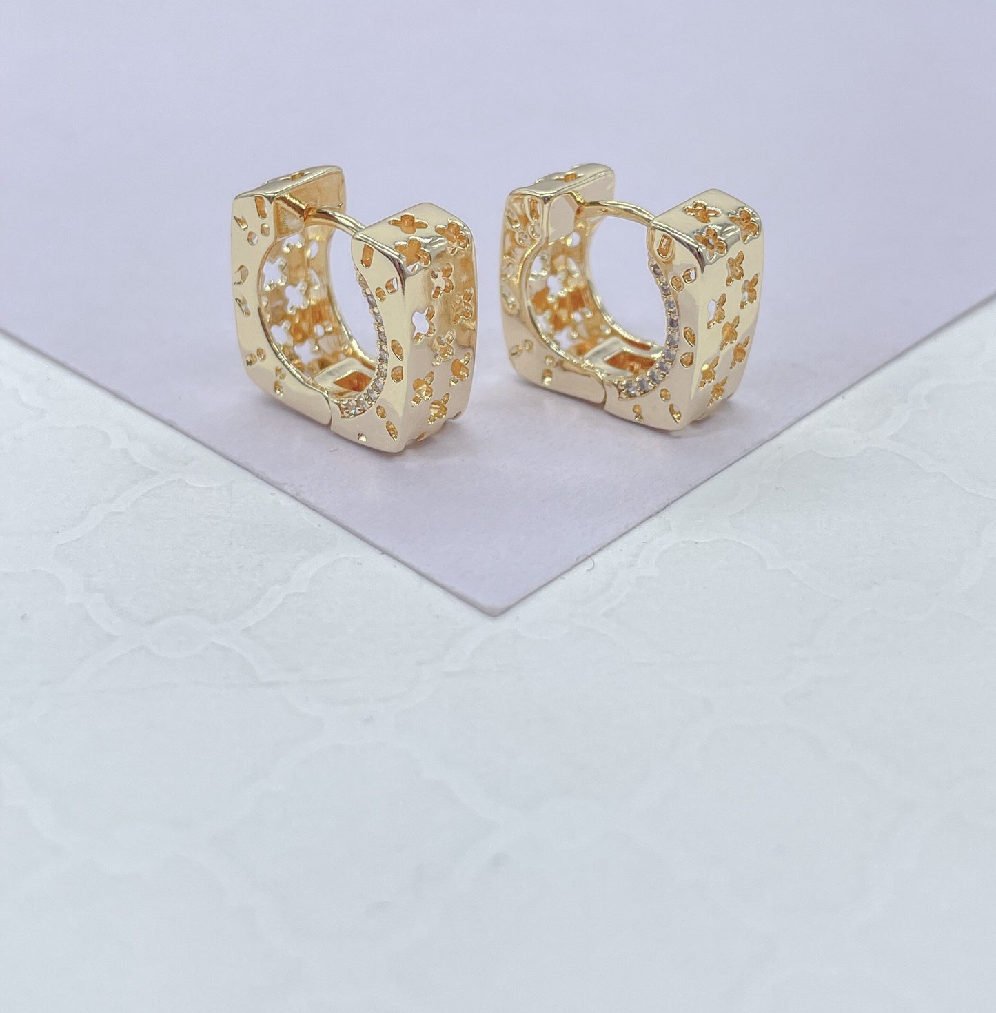 18k Gold Filled Square Huggie Earrings: Clover Cutout Hoops