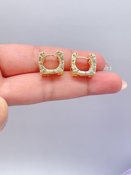 18k Gold Filled Small Square Shaped Chunky Huggie With See-through Four-Leaf Clover Shapes Gift for Her, Wedding Gift, Dainty Hoops, Dainty