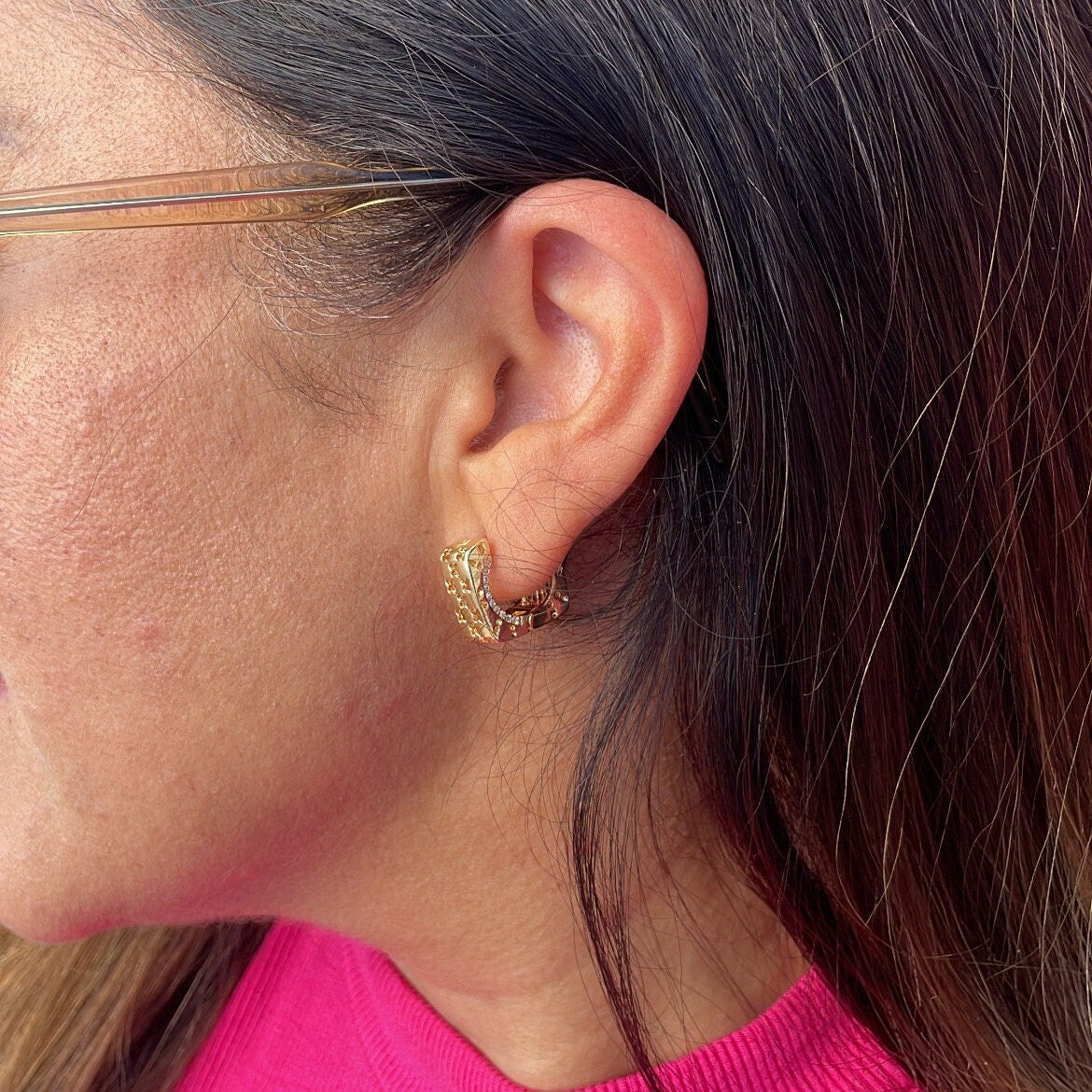 18k Gold Filled Small Square Shaped Chunky Huggie With See-through Four-Leaf Clover Shapes Gift for Her, Wedding Gift, Dainty Hoops, Dainty