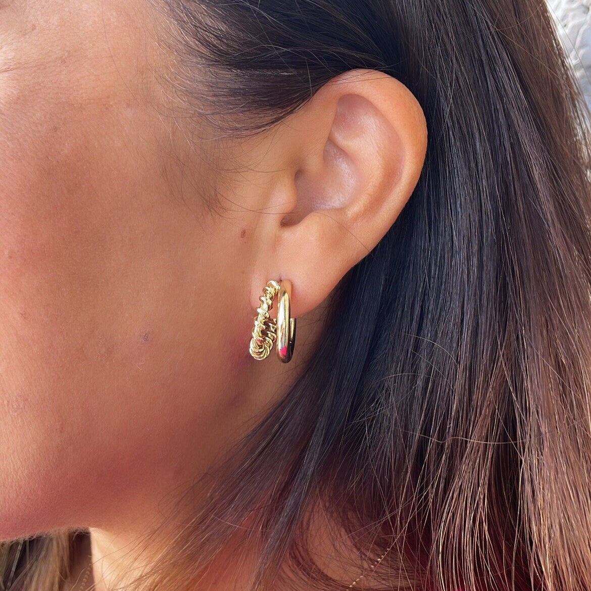 18k Gold Filled Double Link Smooth And Twisted Pushback Open Hoop Earring C-Hoop