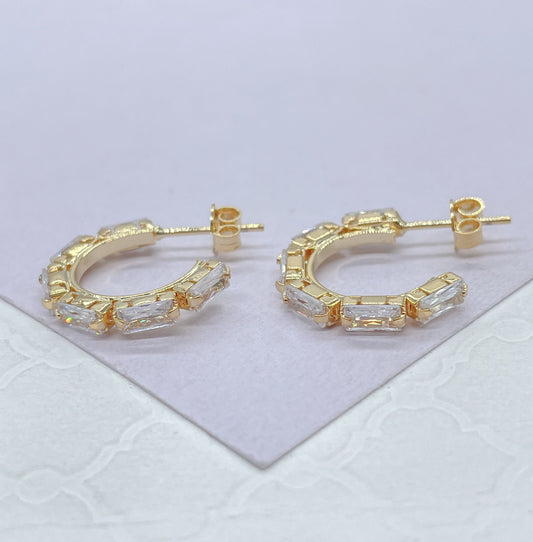 18k Gold Filled Baguette Stone-Patterned C-Hoop Earrings, Gifts For Her, Nightlife Jewlery, Birthday Hoops,