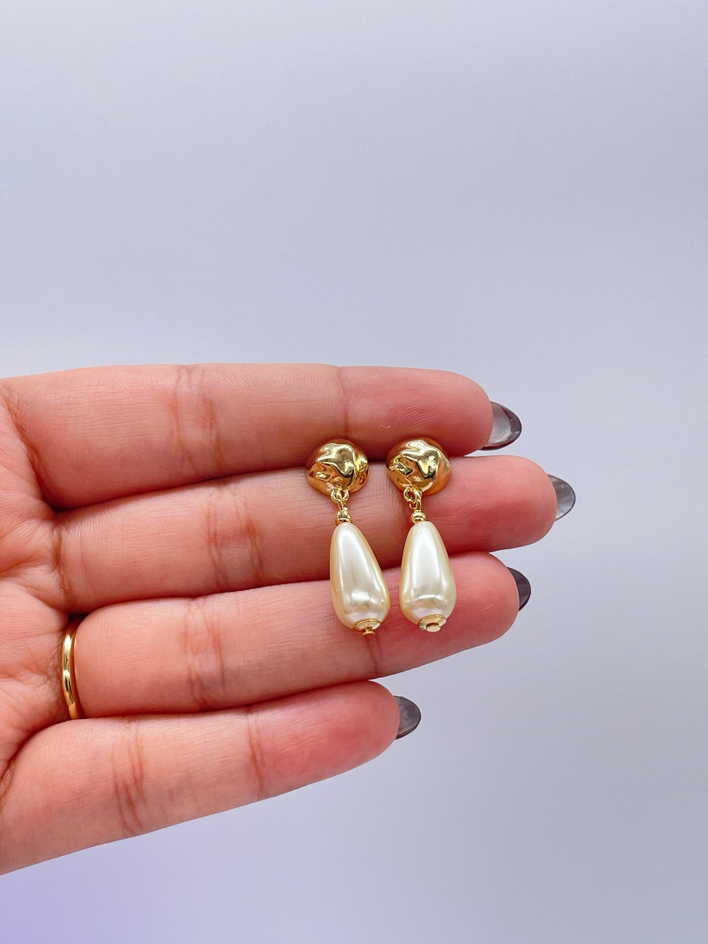 18k Gold Filled Smooth Tear Drop Shapped Pearl Dangle Hoop Earrings