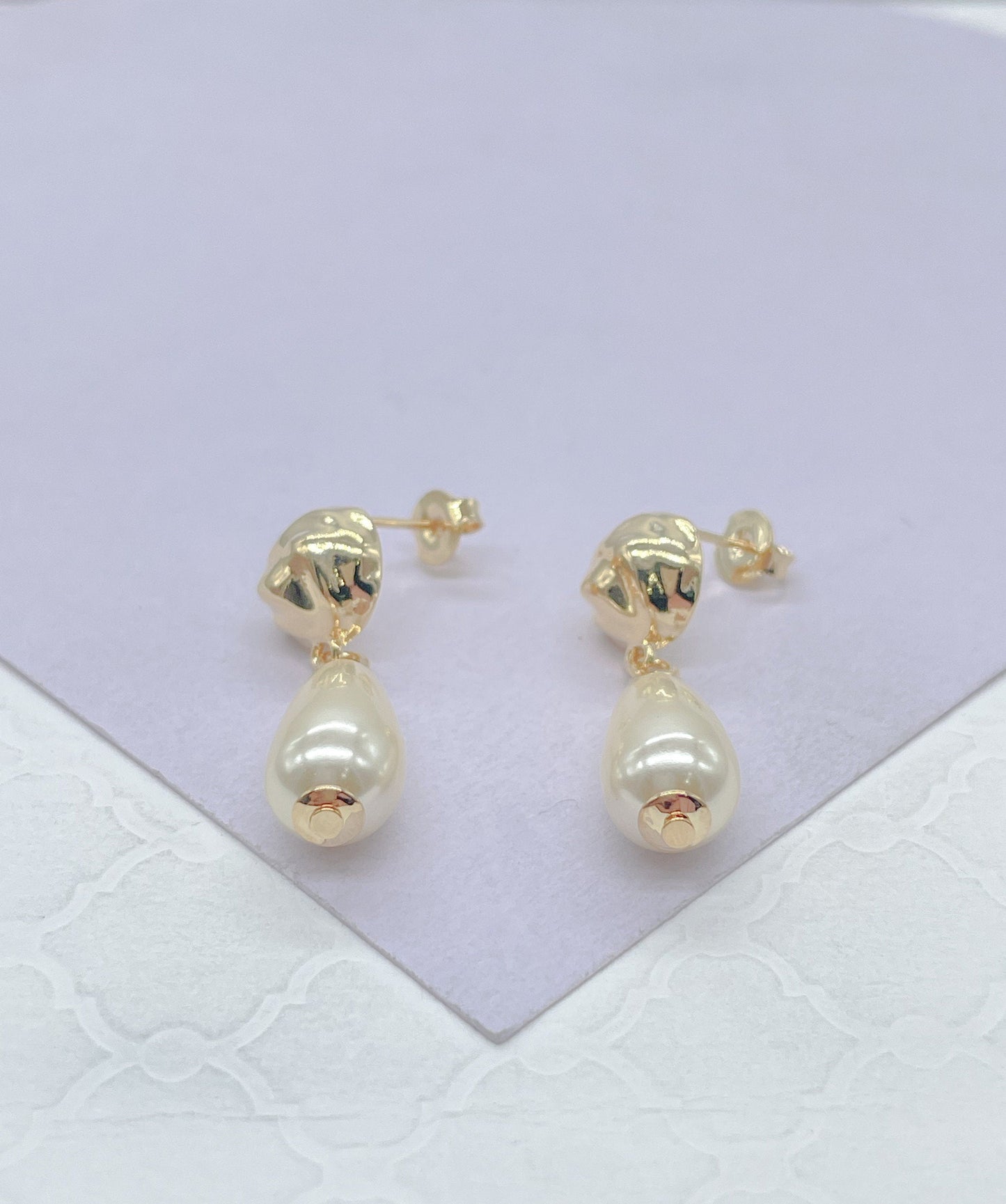18k Gold Filled Smooth Tear Drop Shapped Pearl Dangle Hoop Earrings