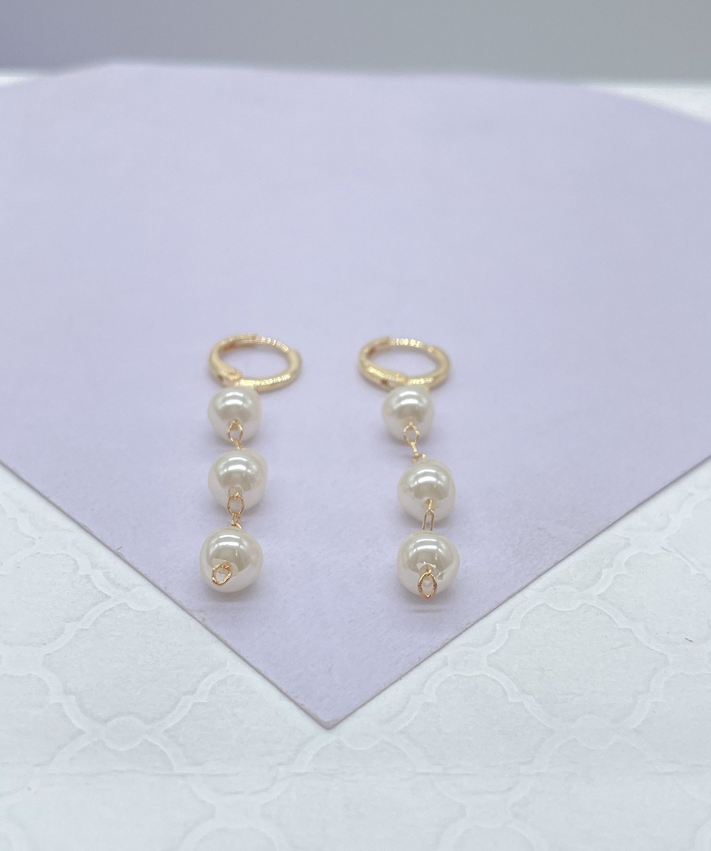 18k Gold Filled Dainty Hoops With 3 Small Faux Pearl Charms, Pearl Jewlery, Pearl Earrings, Dainty Earrings