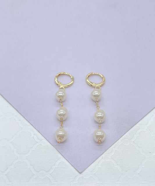 18k Gold Filled Dainty Hoops With 3 Small Faux Pearl Charms, Pearl Jewlery, Pearl Earrings, Dainty Earrings