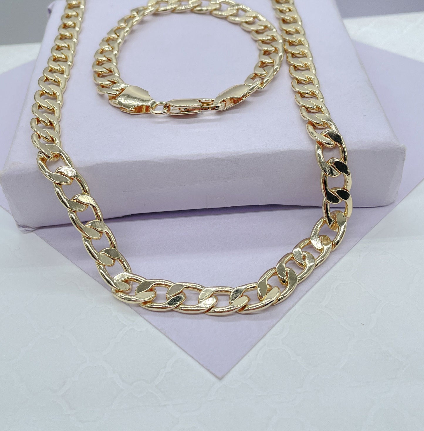 18k Gold Filled Curb Link Chain: Necklace & Bracelet Set