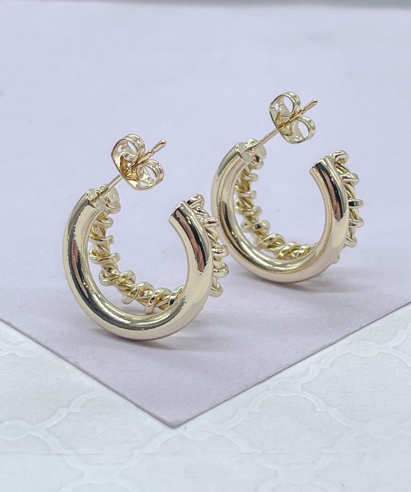 18k Gold Filled Double Link Smooth And Twisted Pushback Open Hoop Earring C-Hoop