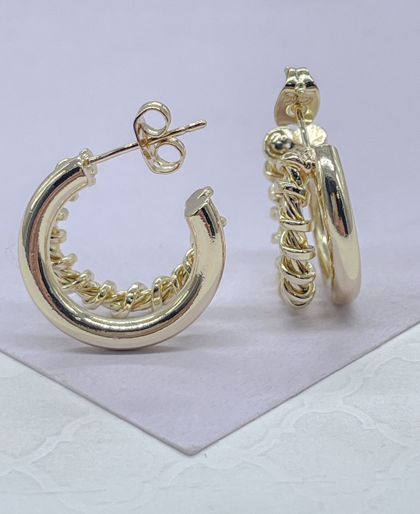 18k Gold Filled Double Link Smooth And Twisted Pushback Open Hoop Earring C-Hoop