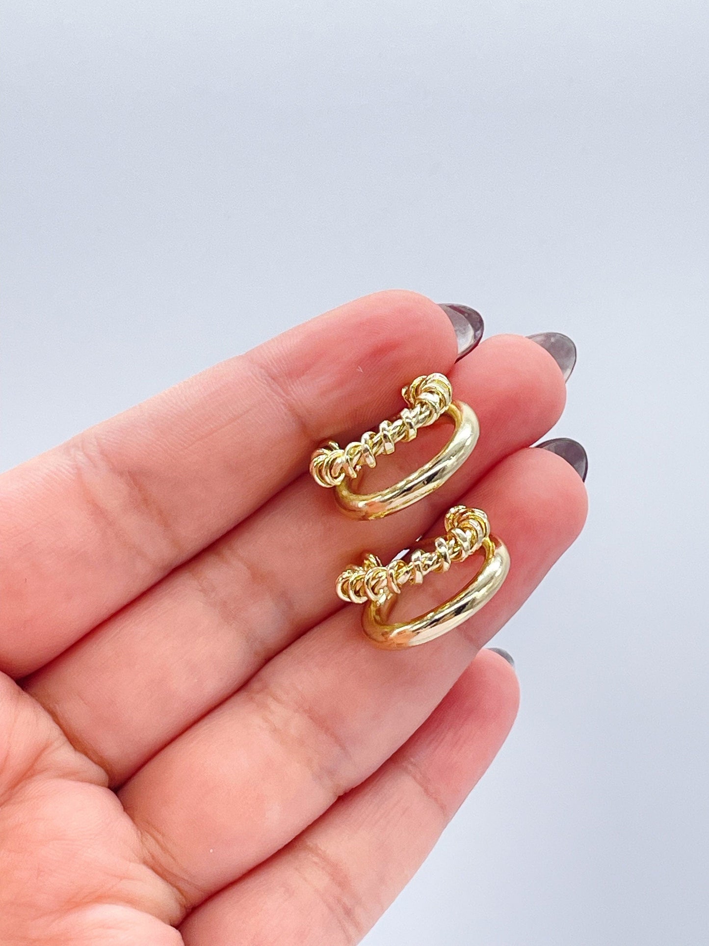 18k Gold Filled Double Link Smooth And Twisted Pushback Open Hoop Earring C-Hoop