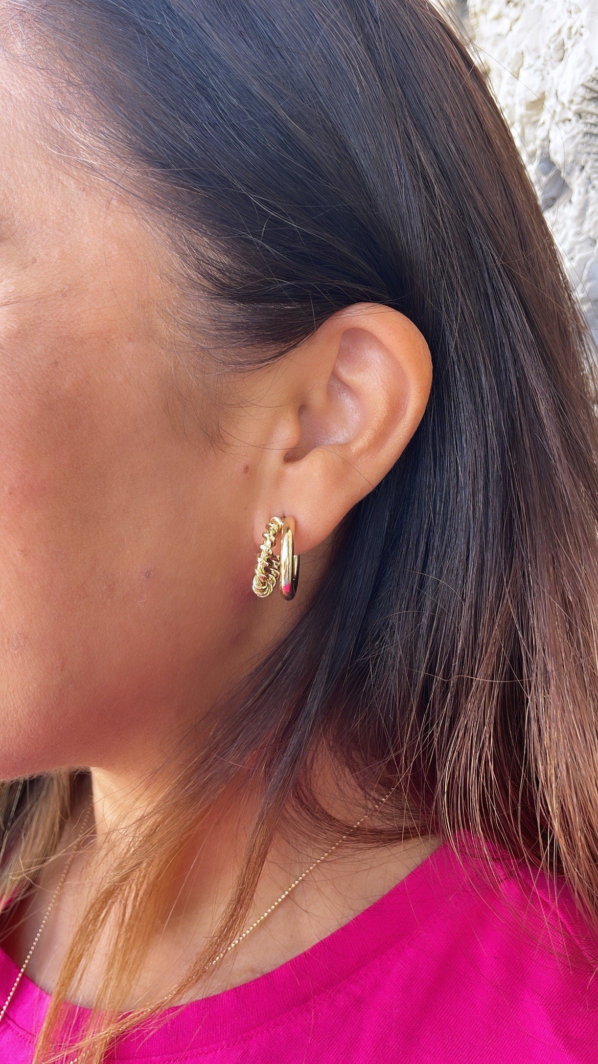 18k Gold Filled Double Link Smooth And Twisted Pushback Open Hoop Earring C-Hoop