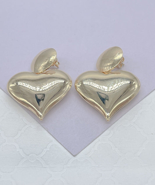 18k Gold Filled Giant Puffy Dangle Heart Earrings, Heart Jewlery, Love Earrings, Gifts for her, Statement Earrings