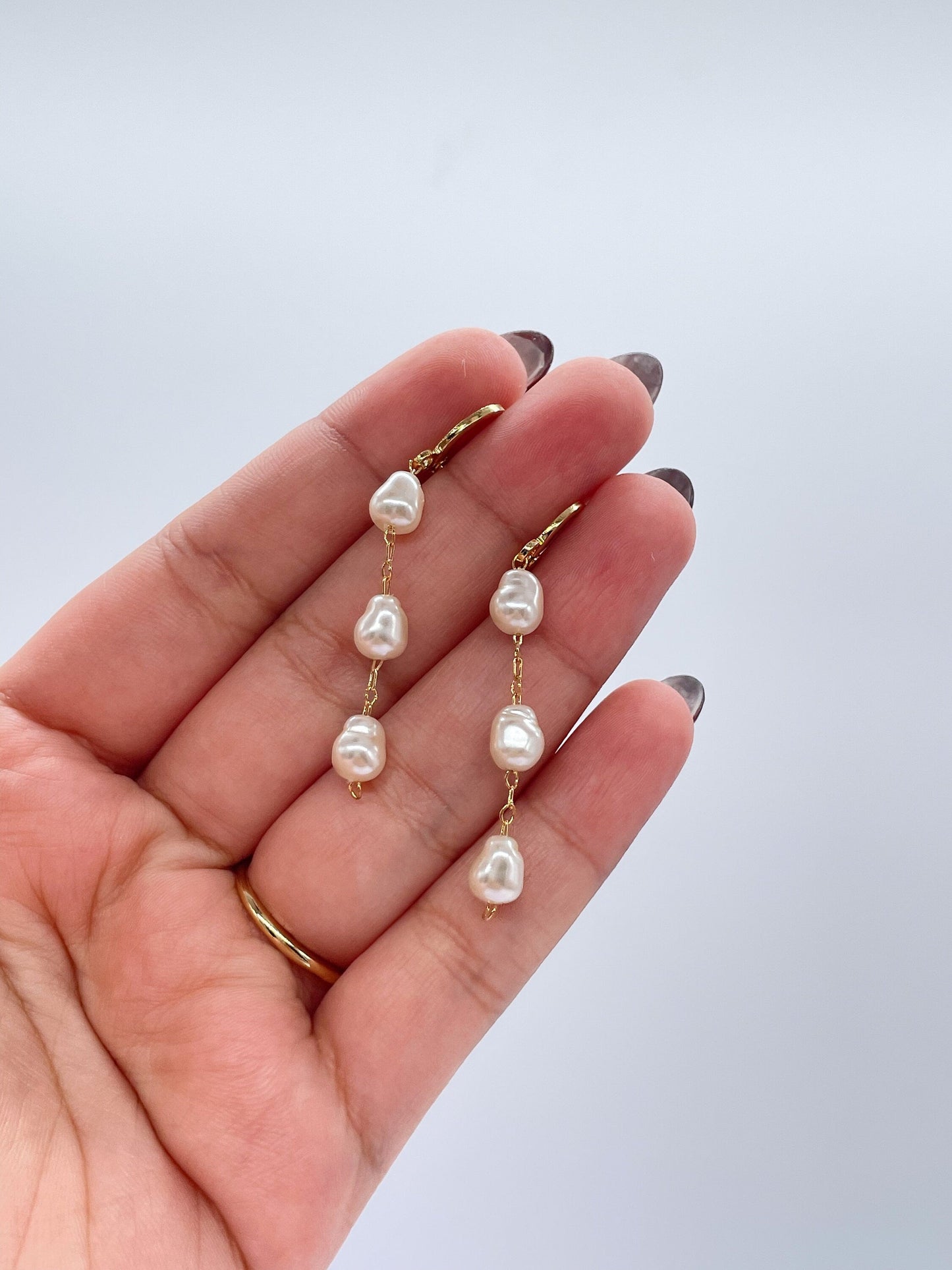 18k Gold Filled Dainty Hoops With 3 Small Faux Pearl Charms, Pearl Jewlery, Pearl Earrings, Dainty Earrings