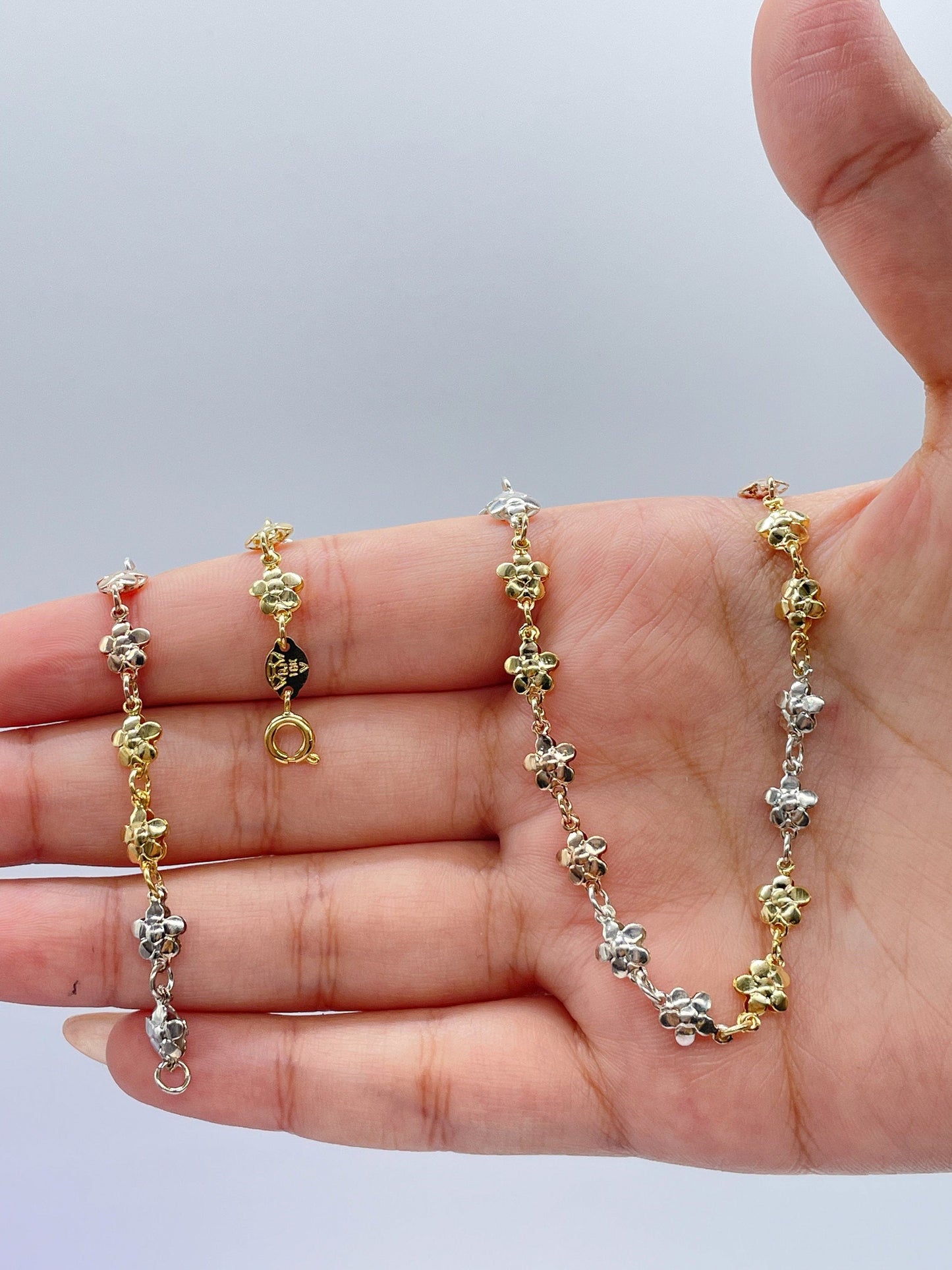18k Gold Filled Tri-Color Flower Necklace and Bracelet, Three Tone Jewlery