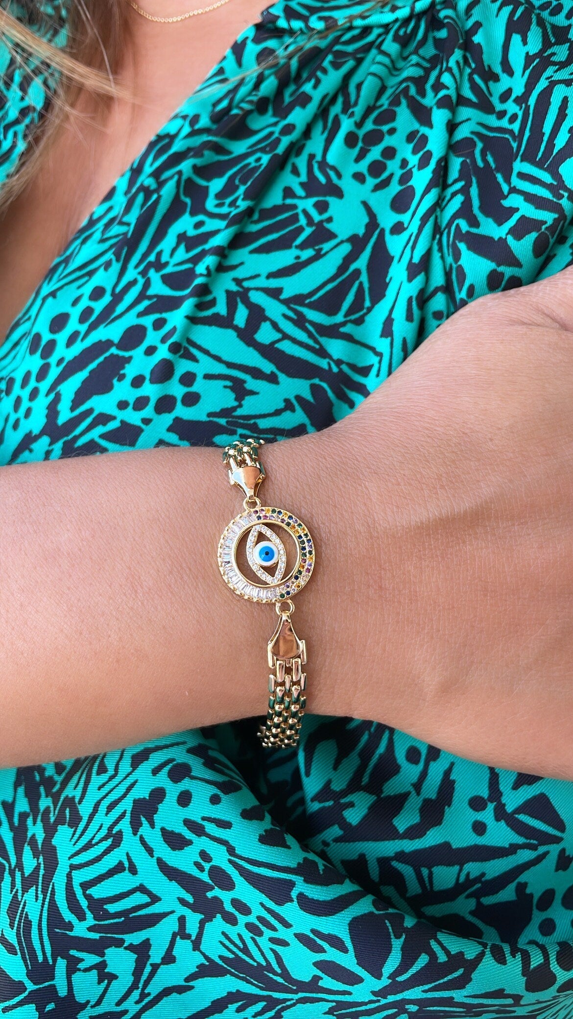 18k Gold Filled Vintage Bismarck Link Bracelet Featuring Round colorful CZ Evil Eyes