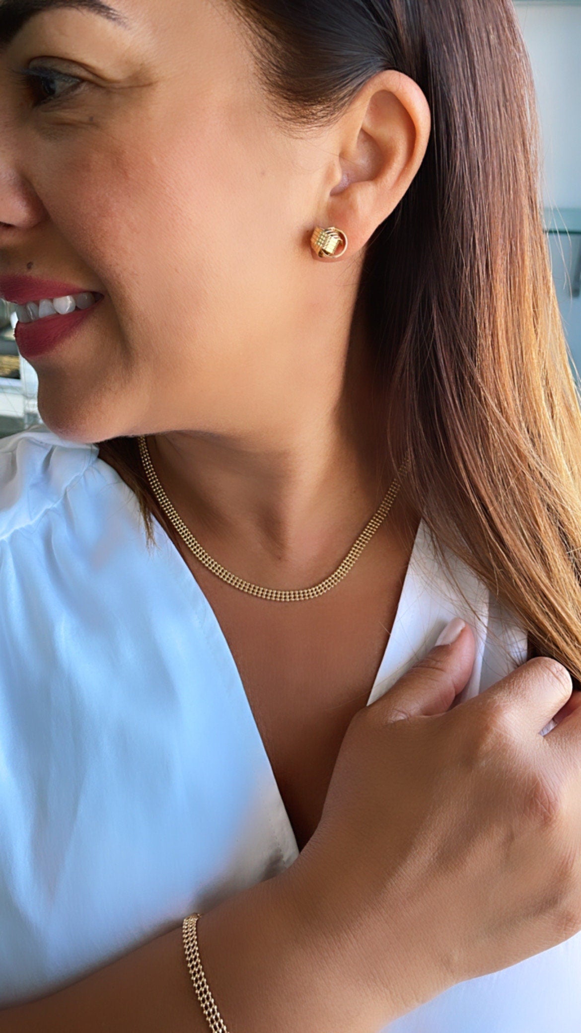 18k Gold Filled 4mm Three Rowed Beaded Necklace and Bracelet Set