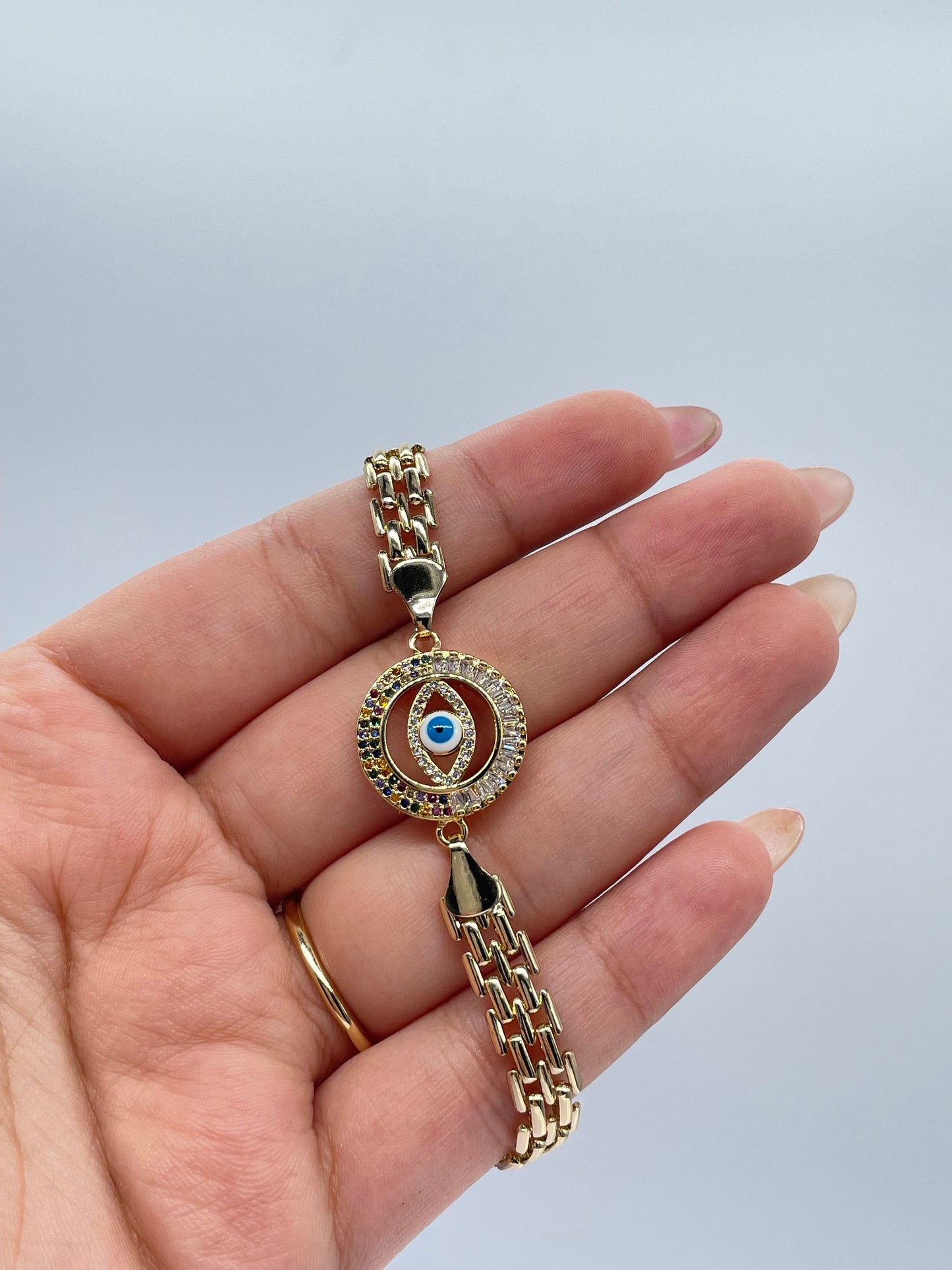 18k Gold Filled Vintage Bismarck Link Bracelet Featuring Round colorful CZ Evil Eyes