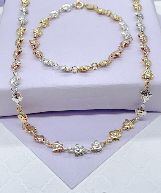 18k Gold Filled Tri-Color Flower Necklace and Bracelet, Three Tone Jewlery