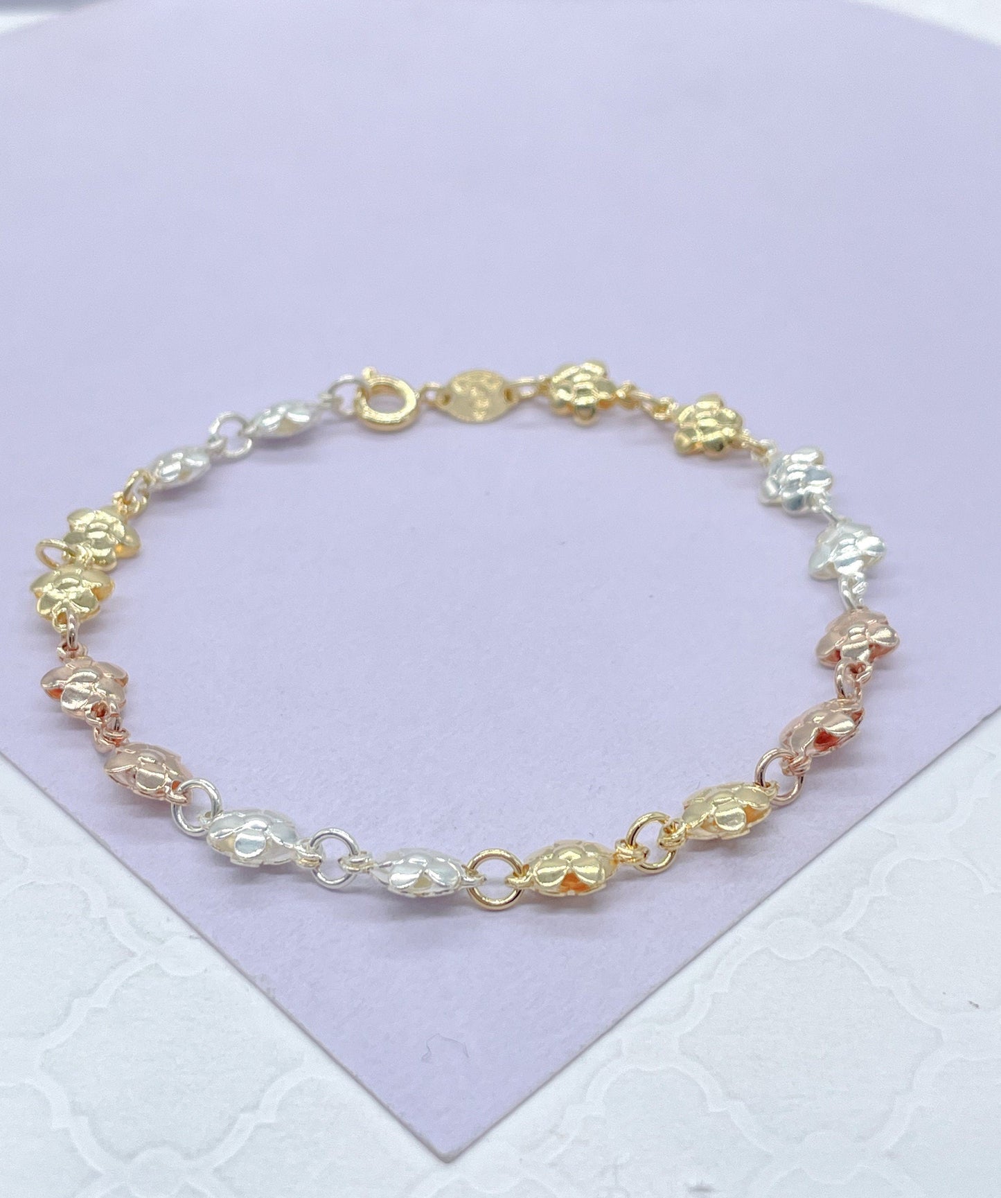 18k Gold Filled Tri-Color Flower Necklace and Bracelet, Three Tone Jewlery