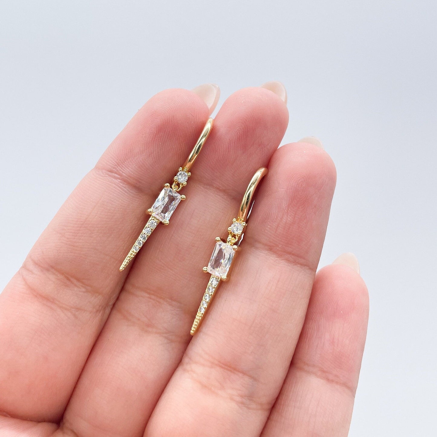 18k Gold Filled Dangling Spear Charm Earring With Baguette Cut and Micro CZ
