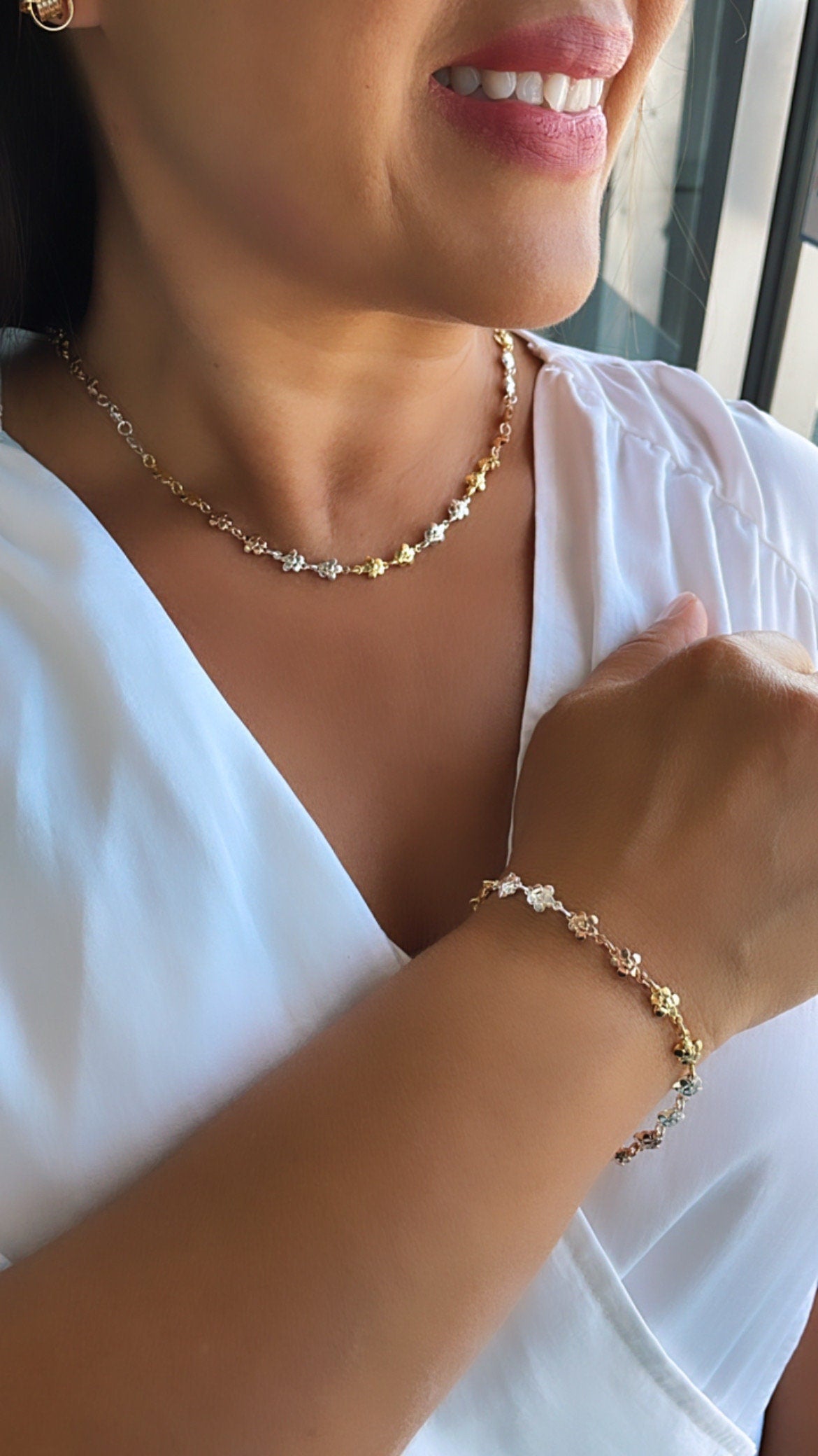 18k Gold Filled Tri-Color Flower Necklace and Bracelet, Three Tone Jewlery