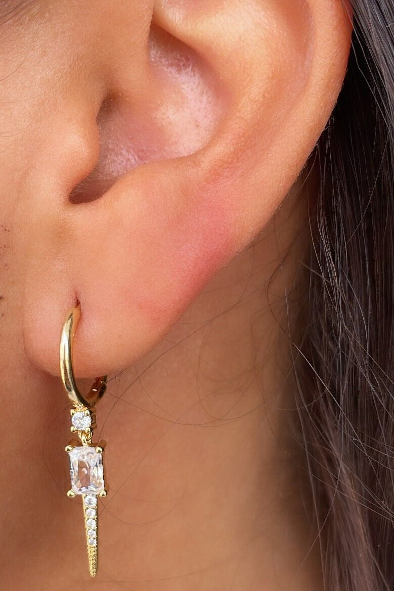 18k Gold Filled Dangling Spear Charm Earring With Baguette Cut and Micro CZ