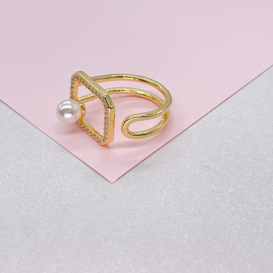 Adjustable 18k Gold Filled CZ and pearl Square Ring Dainty Jewelry