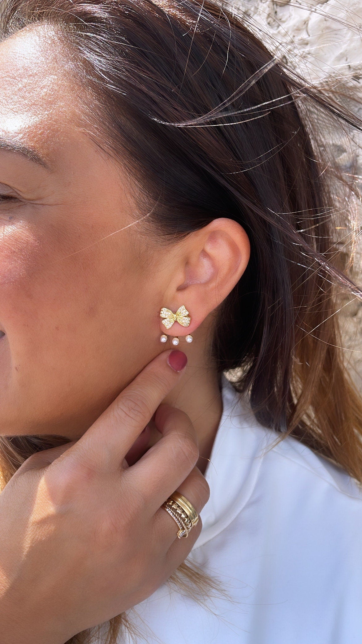 18k Gold Filled Bow Stud Jacket Earring With Pearl Ends