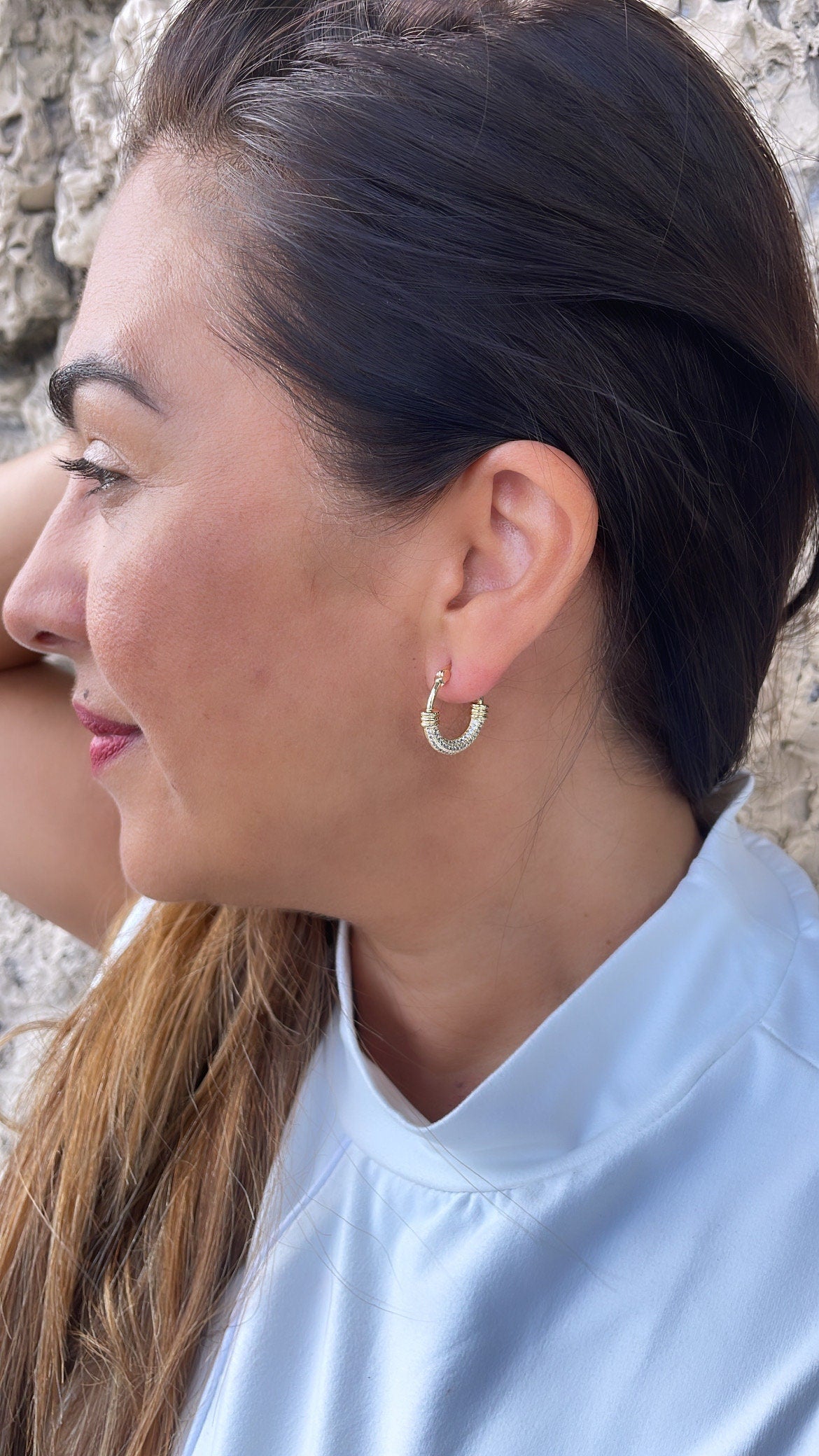 18k Gold Filled Small One-sided cz Hoop Earring