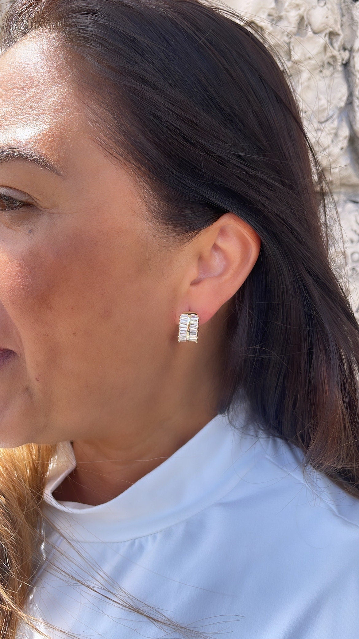 18k Gold Filled Large Baguette Cut CZ Huggie Earring