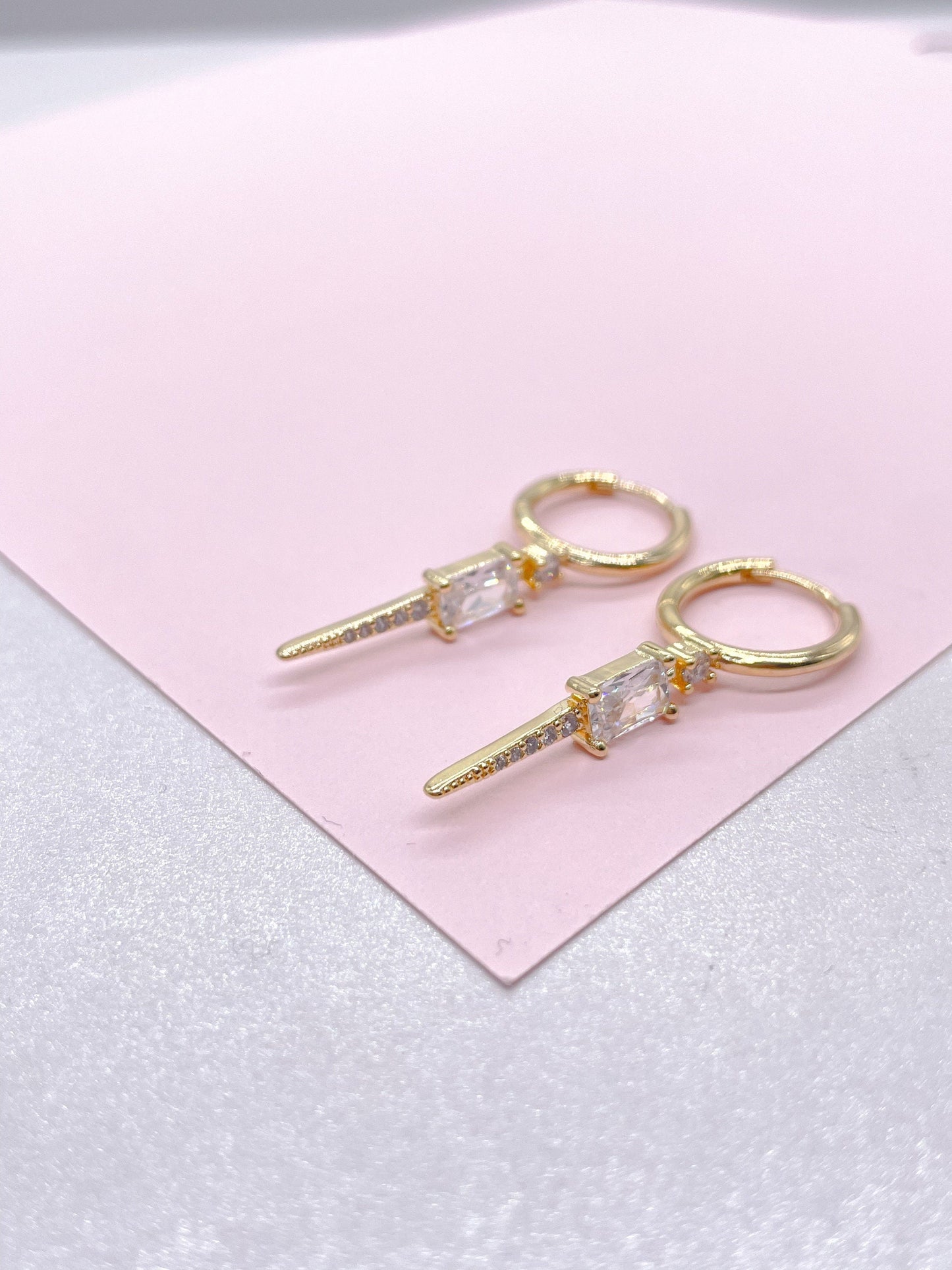 18k Gold Filled Spear Charm Dangling Earring With CZ Pave